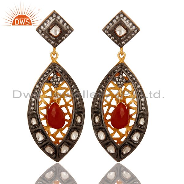 Red Onyx And CZ Crystal Polki Dangle Earrings in 18K Yellow Gold Plated