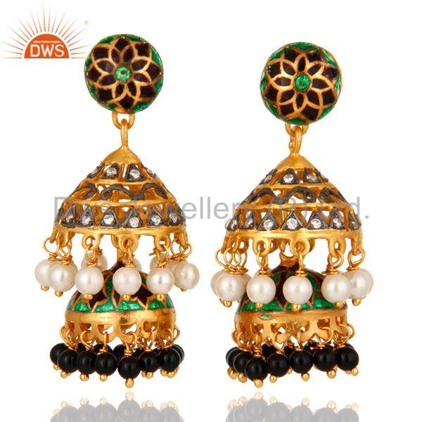 Gold Plated Silver Kundan Pearl & Onyx Meena Work Traditional Jhumka Earrings
