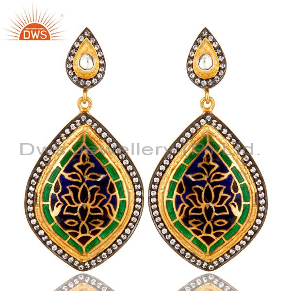 18K Yellow Gold Plated Sterling Silver CZ And Enamel Design Dangle Earrings