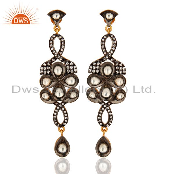 Gold Plated Sterling Silver Crystal CZ Polki Victorian Design Fashion Earrings
