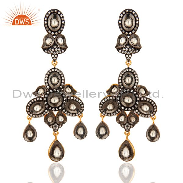 925 Sterling Silver CZ Crystal Polki Victorian Style Earrings - Gold Plated