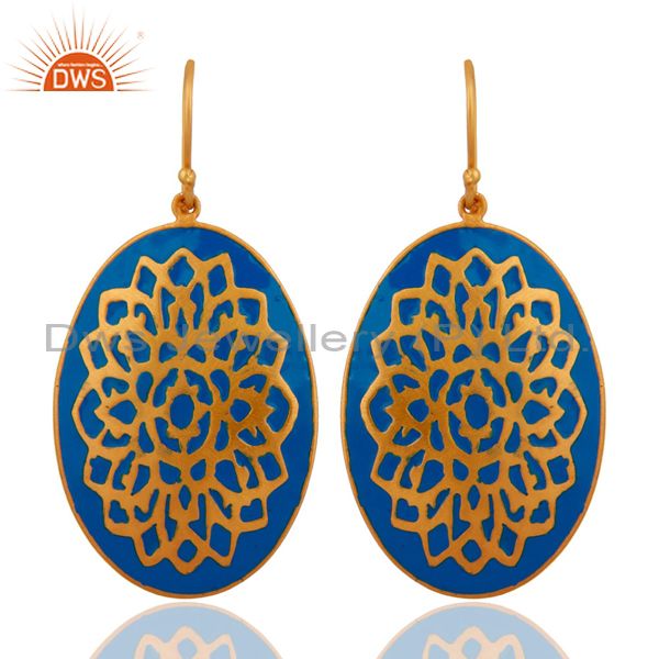 18-Karat Yellow Gold Plated Handmade Designer Earrings With Blue Enamel Jewelry