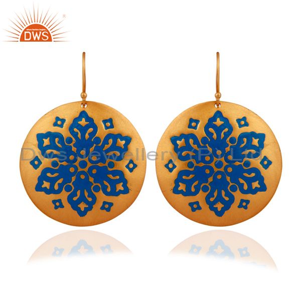 18K Yellow Gold Plated With Blue Enamel Fashion Earrings For Women Jewelry