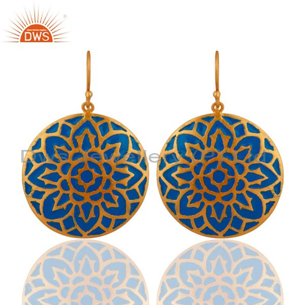 22-K Gold Plated Blue Enamel Earrings With Glorious Traditional Design Jewelry