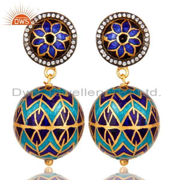 18K Gold Plated Sterling Silver CZ And Enamel Disc Design Dangle Earrings