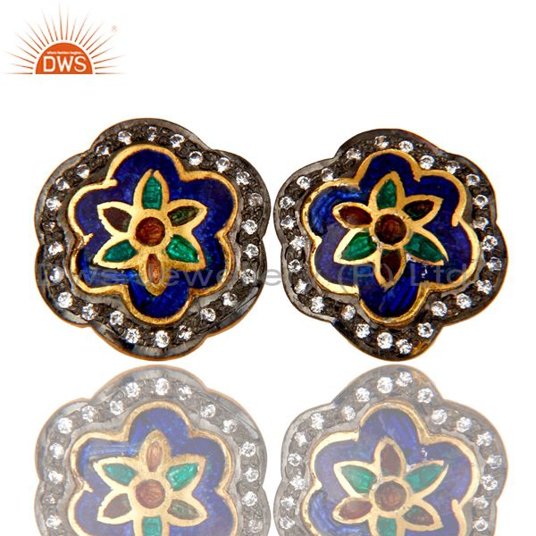 18K Gold Plated Sterling Silver Enamel Work Ethnic Fashion Stud Earrings With CZ