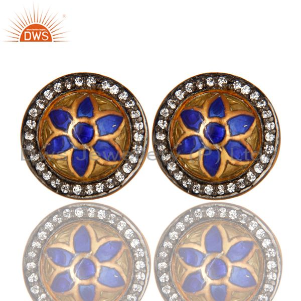 22K Yellow Gold Plated Sterling Silver CZ And Enamel Design Round Stud Earrings