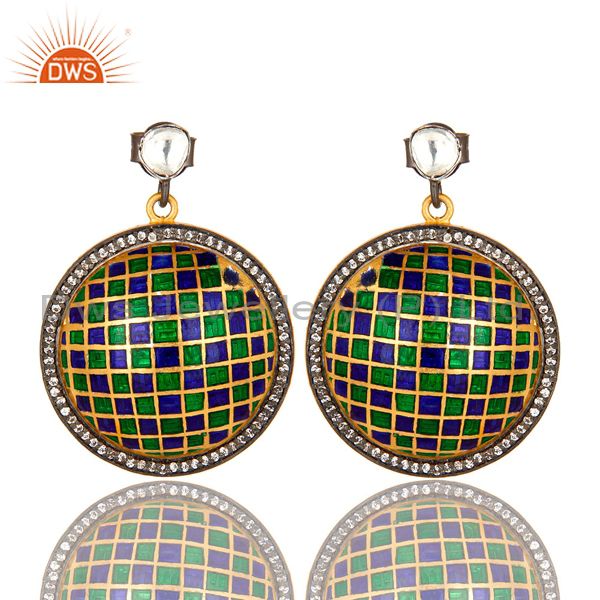 22K Gold Plated Sterling Silver CZ Polki And Enamel Design Round Stud Earrings