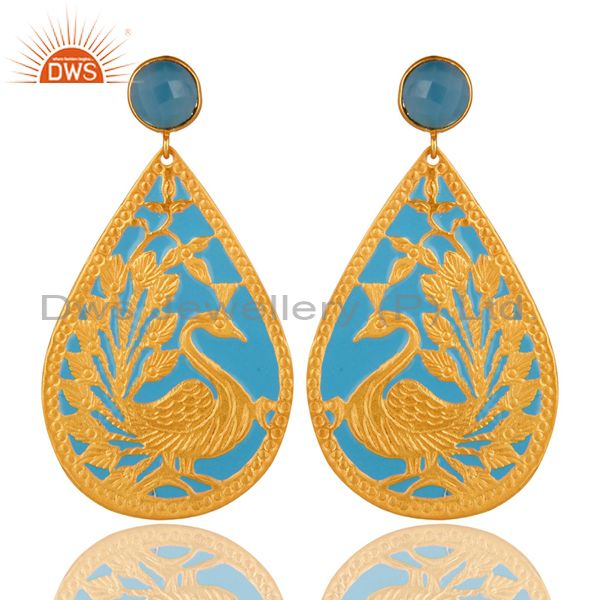 18K Yellow Plated Aqua Blue Chalcedony Gemstone Peacock Design Dangle Earrings