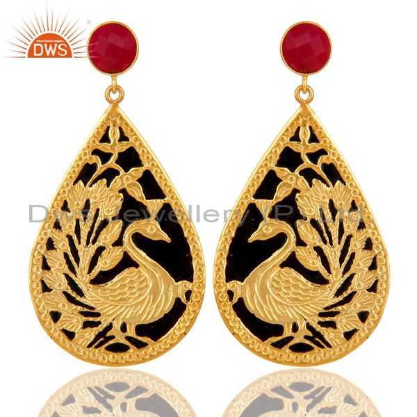 18K Gold Plated Chalcedony Beautiful Handcrafted Peacock Dangle Enamel Earrings