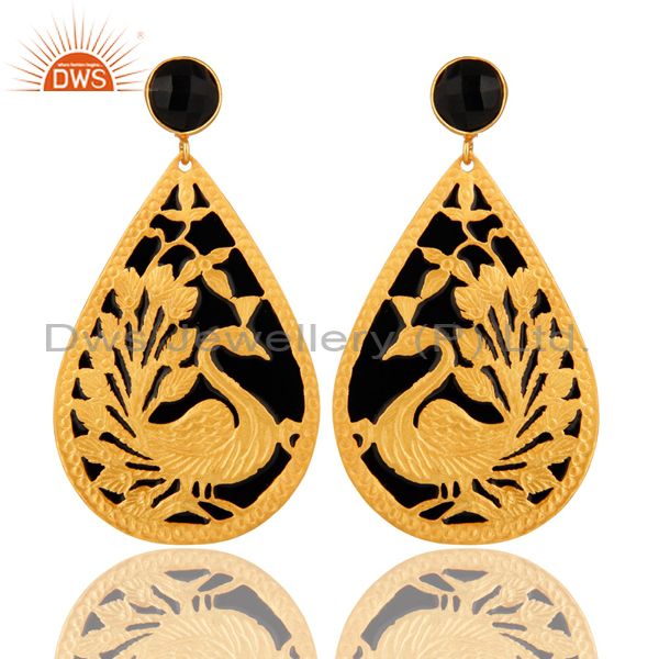 18K Gold Plated Natural Black ONyx Peacock Designer Earrings With Black Enamel