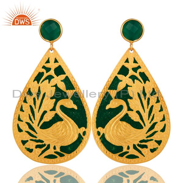 18K Yellow Gold Over Brass Handmade Green Onyx Designer Peacock Dangle Earrings