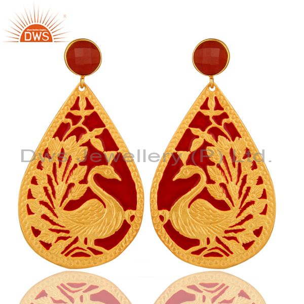 18K Yellow Gold Over Brass Handmade Red Onyx Designer Dangle Earrings With Ename