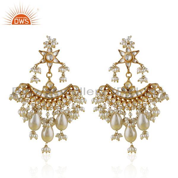 Natural White Pearl Gold Plated 925 Silver Traditional Kundan Earring Wholesaler