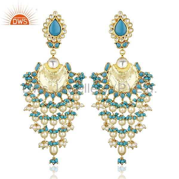 Turquoise Long Indian Chendelier Crescent Half Moon Chand Bali Silver Earring