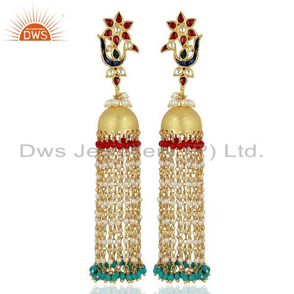 Peacock Colored Stone Jhumkas 925 Sterling Silver Gold Plated Kundan Jewelry