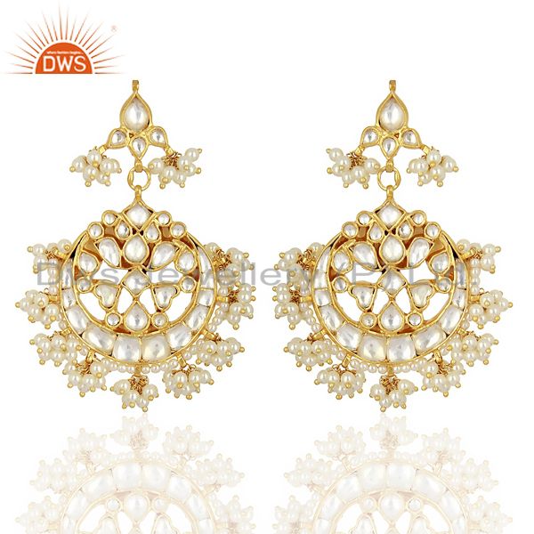 Kundan Polki With Pearl Drop 92.5 Sterling Silver Gold Plated  Indian Jewelry