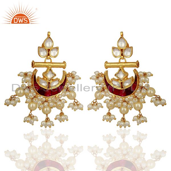Indian Traditional Kundan Polki Sterling Silver Gold Plated Chand Bali Earrings