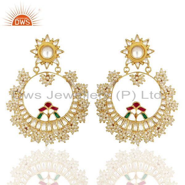 Designer Kundan Polki 925 Sterling Silver Gold Plated Chand Bali Earring Jewelry