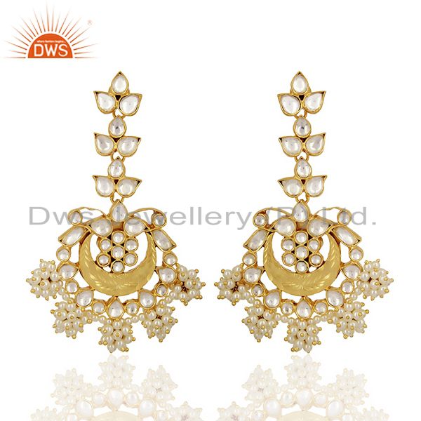 Indian Traditional Kundan Polki Sterling Silver Gold Plated Chandelier Earring