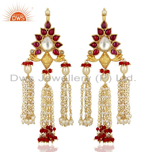 Coral With Pearl Gemstone 925 Sterling Silver Gold Plated Chandelier Earrings