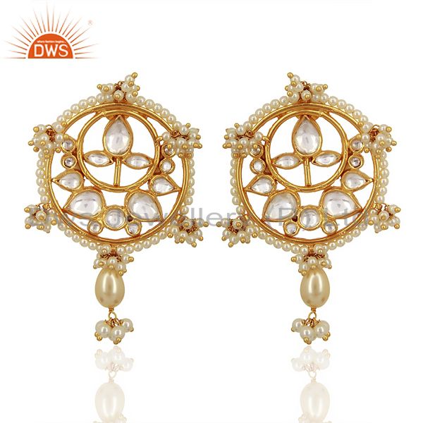 Kundan Polki With Pearl Drop 925 Sterling Silver Gold Plated Wholesale Jewelry