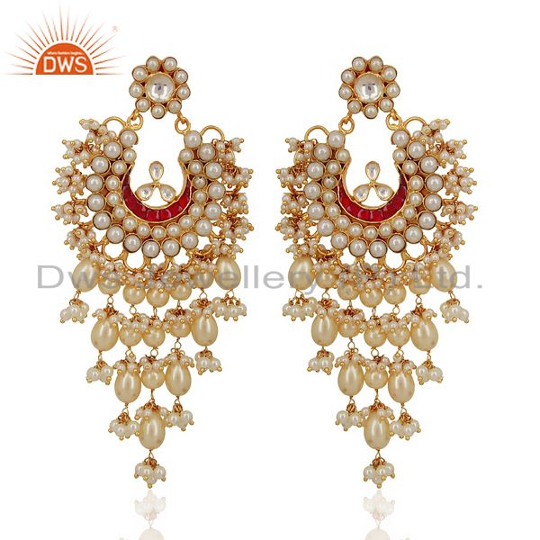 Kundan Polki With Pearl 925 Sterling Silver Gold Plated Chand Bali Earrings