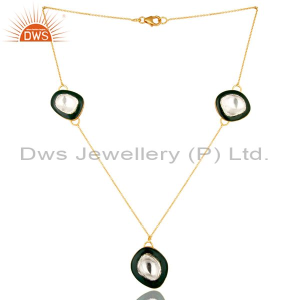 18k gold plated sterling silver crystal polki and green enamel fashion necklace