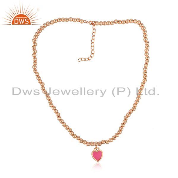Pink enamel heart charm beaded necklace in rose gold over silver