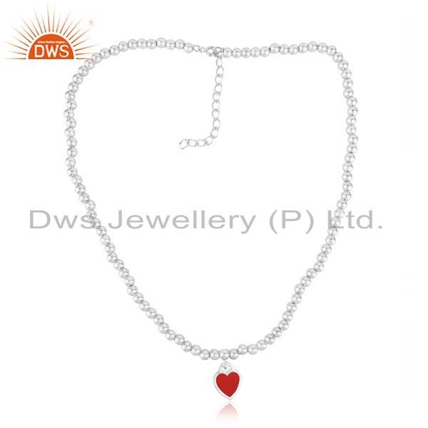 Red enamel heart charm beaded necklace in rhodium over silver