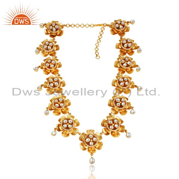 Floral chokar necklace in yellow gold over silver with crystal and cz