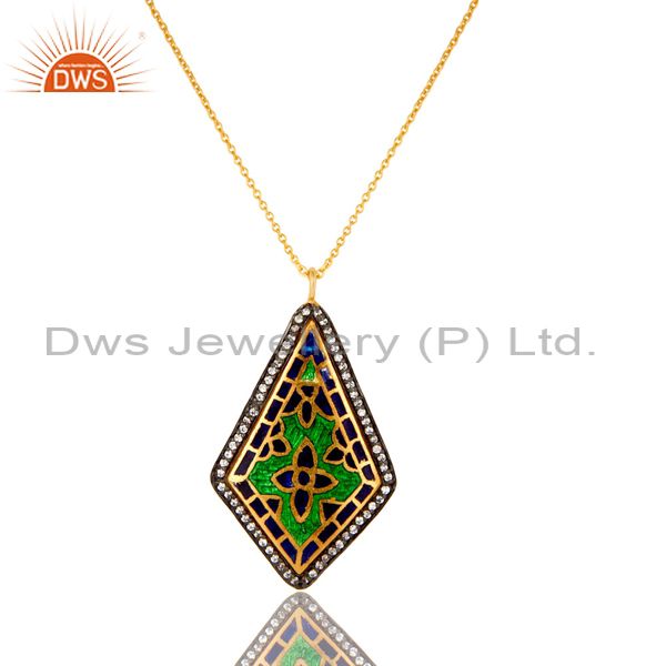 18k yellow gold plated sterling silver enamel work and cz pendant with chain