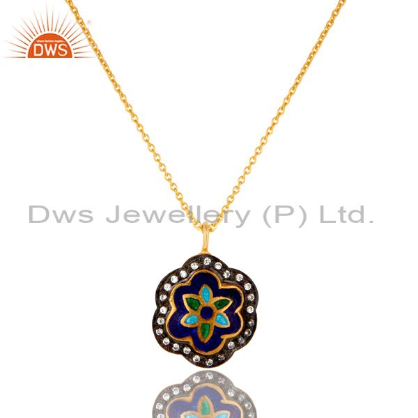18k yellow gold plated sterling silver enamel and cz designer pendant with chain