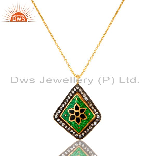 18k yellow gold plated sterling silver cz and enamel work pendant with chain