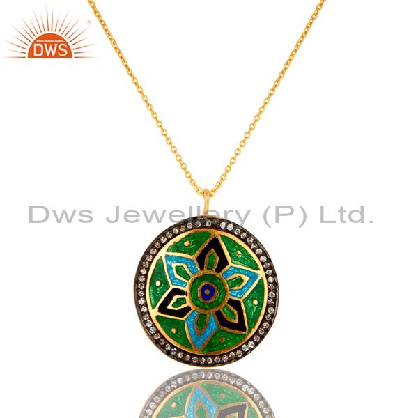 22k gold plated sterling silver flower enamel and cz designer pendant with chain