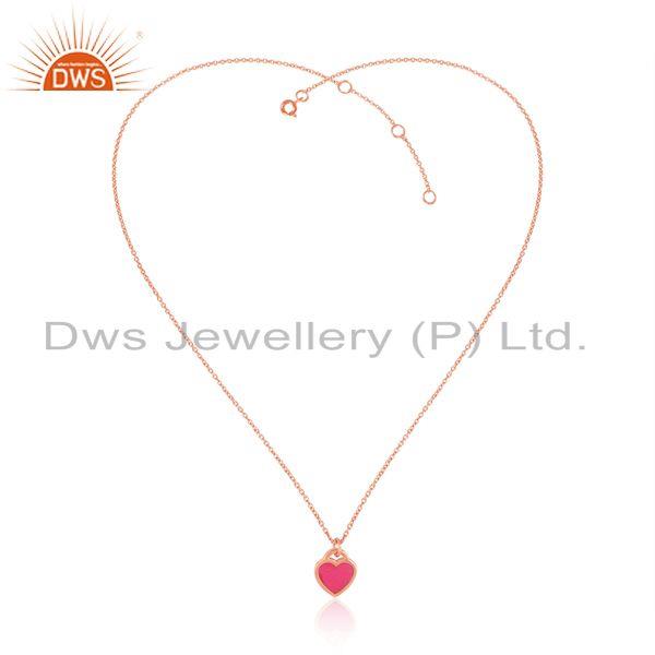 Designer pink enamel heart charm necklace in rose gold over silver