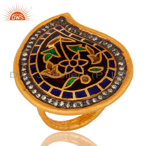 18K Yellow Gold Plated Sterling Silver Cubic Zirconia Ring With Enamel Design