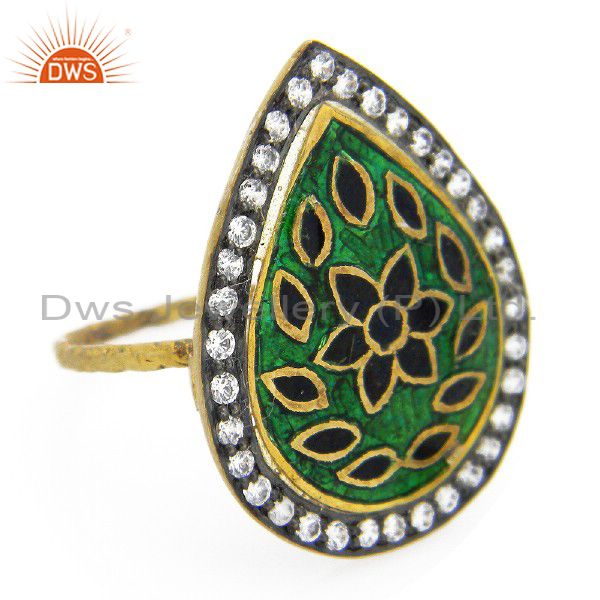 22K Yellow Gold Plated Sterling Silver Hammered Band Ring With Enamel And CZ