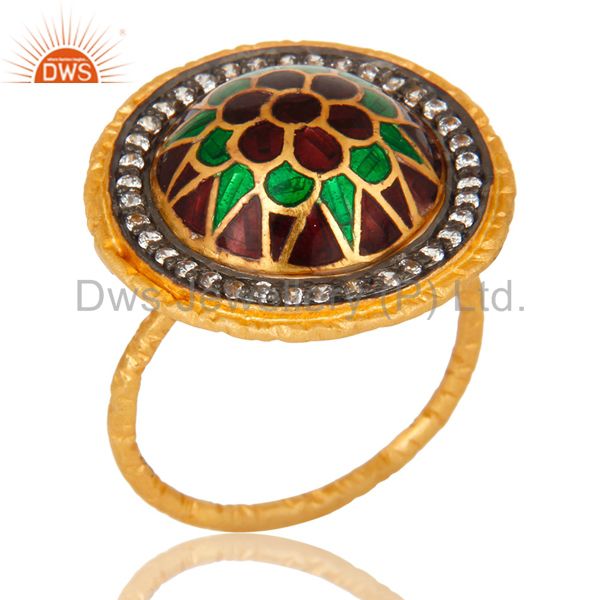 22K Gold Plated Sterling Silver Enamel Design Indian Fashion Cocktail Ring
