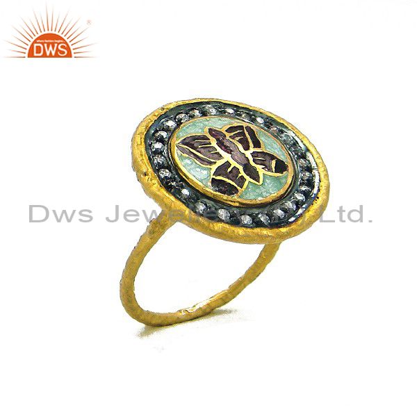 22K Yellow Gold Plated Sterling Silver Enamel Work And CZ Cocktail Ring