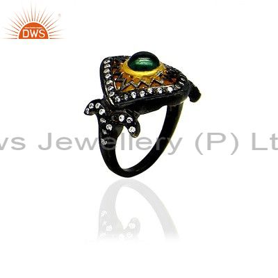 18K Yellow Gold Plated Sterling Silver CZ And Green Tourmaline Fashion Ring