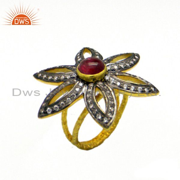 22K Yellow Gold Plated Sterling Silver Tourmaline And CZ Flower Cocktail Ring
