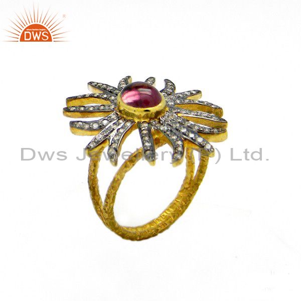 22K Yellow Gold Plated Sterling Silver Pink Tourmaline And CZ Statement Ring