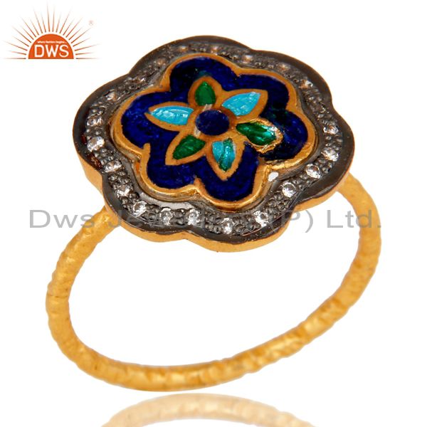 18K Yellow Gold Plated Sterling Silver CZ And Enamel Flower Cocktail Stack Ring