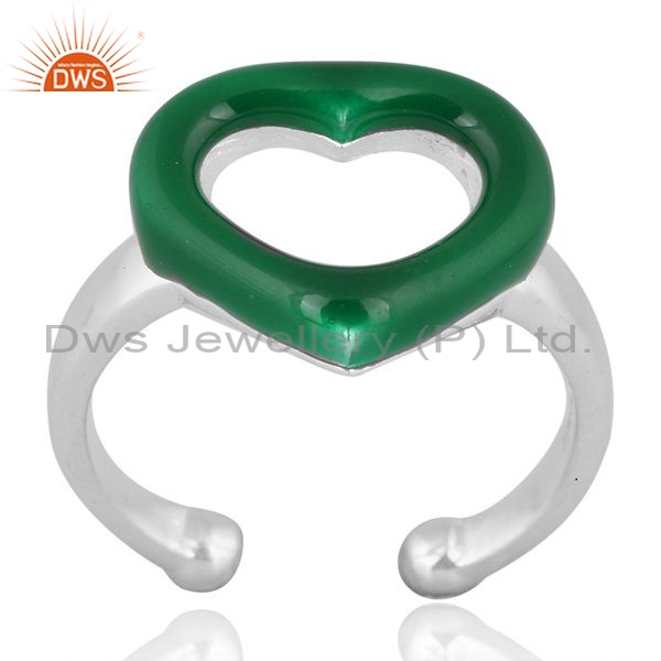 Heart Shaped Sterling Silver White Ring With Green Enamel