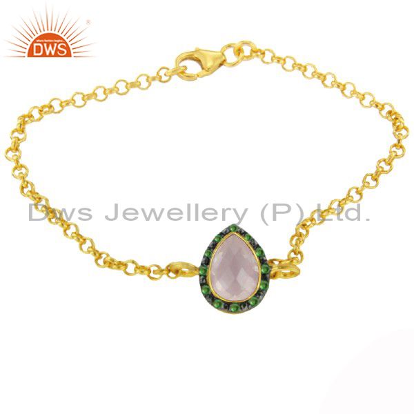 .925 sterling silver chain rose quartz gemstone tsavorite bracelet fashion desig