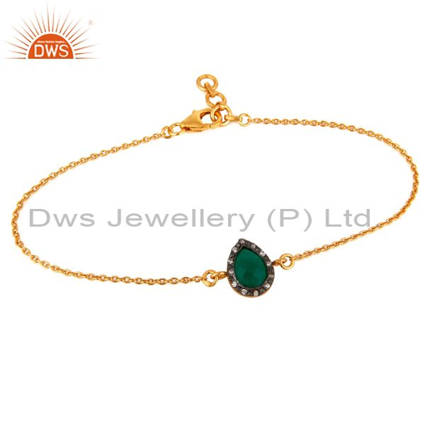 18k yellow gold plated 925 sterling silver green onyx gemstone bracelet with cz
