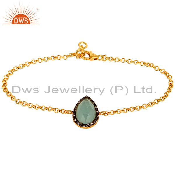18k yellow gold plated sterling silver aqua chalcedony chain bracelet with cz