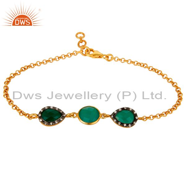 18k yellow gold plated sterling silver green onyx chain bracelet with cz