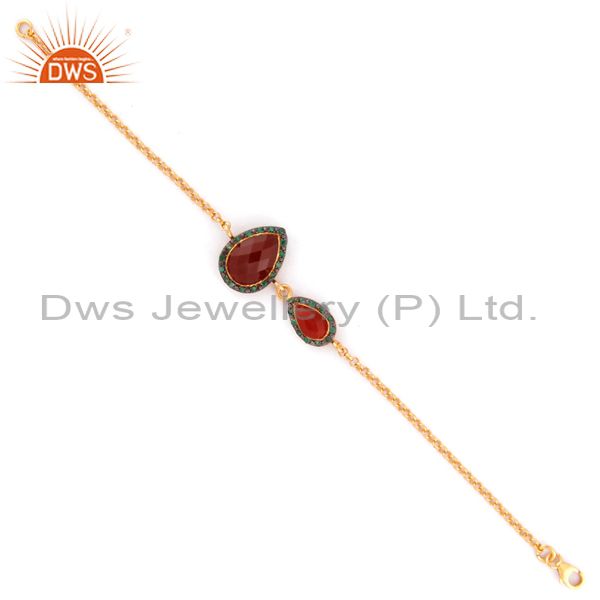 Gold plated 925 sterling silver chain natural emerald gemstone red onyx bracelet